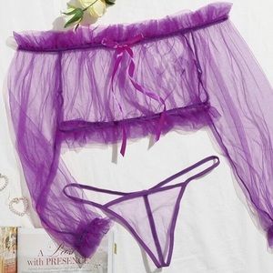 New Purple Large Long Sleeve Sheer Top & Panties Lingerie Set